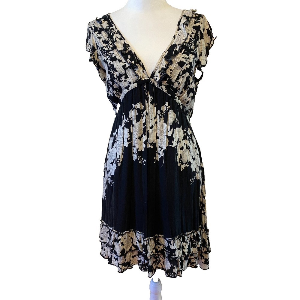 Free People Rose And Ruffles Black Cream Dress Sz XS Babydoll Romantic Festival